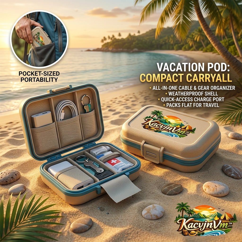 KacvjnVm™ Vacation Pod – Compact Travel Tech Organizer, Weatherproof All-in-One Gear Pouch, Portable Cable & Accessory Case for Beach, Daily Commute, and Travel