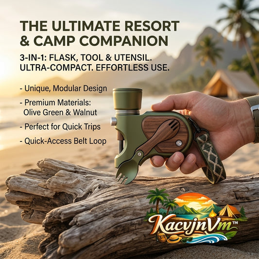 KacvjnVm™ 3-in-1 Ultimate Resort & Camp Companion – Ultra-Compact Modular Flask, Utensil & Multi-Tool Set – Premium Walnut Wood & Olive Green Finish – Perfect for Hiking, Beach Trips & Everyday Carry (EDC)